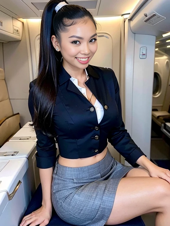 (Thai-American women),(highponytail:1.3),(Flight attendant Uniform:1.5),(short skirt),
(slim waist:1.4),(smile:1.3),(cowboy shot:1.5),huge breasts:1.5,