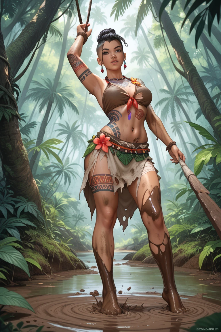 (best quality,4k,8k,highres,masterpiece:1.2),ultra-detailed,(realistic,photorealistic,photo-realistic:1.37),full body portrait of beautiful alien (light green skin, small cute antenna) native tribal woman in muddy primitive farm:1.2,(herding affectionate 3 foot tall 3 feet wide bioluminescent tentacle monsters)(primitive straw broad rim hat, colorful tribal belt, unclad, some tribal tattooing and intricate extensive body paint, breast curtains, confidence, big natural breast), (vivid colors, outdoors, green pastures). (head to toe, show all of her)(Safe for work)