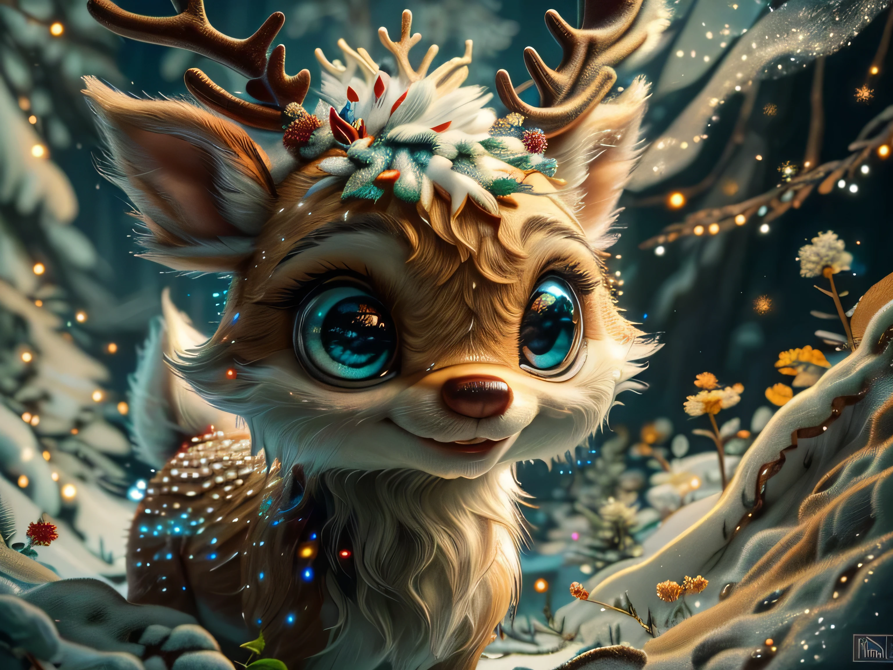 Magical Fantasy Creature, (Best Quality, Masterpiece, Representative Work, Official Art, Professional, Super Detailed, 8k:1.3), (Photorealism:1.2) Super Cute, Big Eyes, Soft, Soft Nose, Fluffy, Double-Toothed Smile, Aurorastyle, Highly detailed Dynamic shot of majestic adorable baby reindeer, high quality, beautiful masterpiece, fantasy creature, kawaii, digital art, glowing sparkles, Realistic, Beautiful, Stars in Eyes, Soft Volumetric Light, (Backlight:1.3), (Cinematic:1.2), Intricate Details, (ArtStation:1.3), --auto --s2