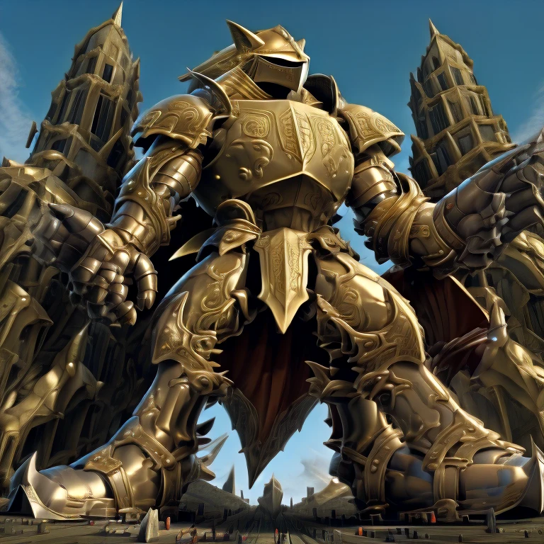 - Excalibur Sonic. Golden Armor. The whole body is golden.
- masterpiece. official art. 8k. best quality. detailed full body. full body.
- no face. wearing a full-face helmet.
- An arrogant expression. smile at the corner of your mouth.
- He with 4 arms.
- large muscles,  big muscle, huge muscles,  massive muscles, bulk up.
- focus GIANT Excalibur Sonic is trampling the city. Looking down. macro. stomp. Low-angle perspective. emphasizing the immense size. He has long legs.
- The nails are sharp. The nails are gold. There are five fingers.
- The toenails are sharp. The toenails are gold. There are five toes.

(Excalibur Sonic, golden armor, helmet, no face, holding, red cape, upturned and pointy shoes)