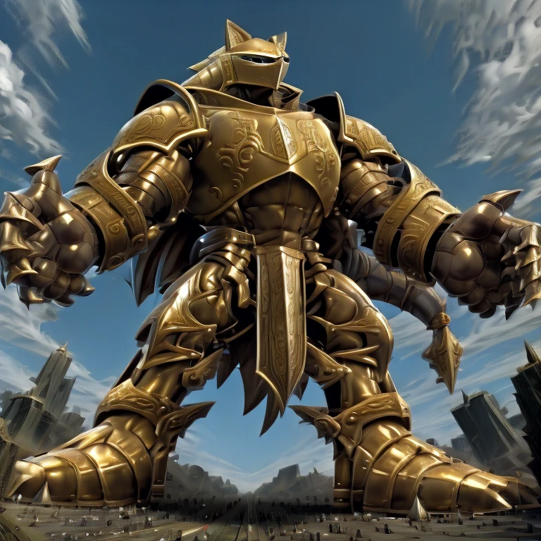 - Excalibur Sonic. Golden Armor. The whole body is golden.
- masterpiece. official art. 8k. best quality. detailed full body. full body.
- no face. wearing a full-face helmet.
- An arrogant expression. smile at the corner of your mouth.
- He with 4 arms.
- large muscles,  big muscle, huge muscles,  massive muscles, bulk up.
- focus GIANT Excalibur Sonic is trampling the city. Looking down. macro. stomp. Low-angle perspective. emphasizing the immense size. He has long legs.
- The nails are sharp. The nails are gold. There are five fingers.
- The toenails are sharp. The toenails are gold. There are five toes.

(Excalibur Sonic, golden armor, helmet, no face, holding, red cape, upturned and pointy shoes)