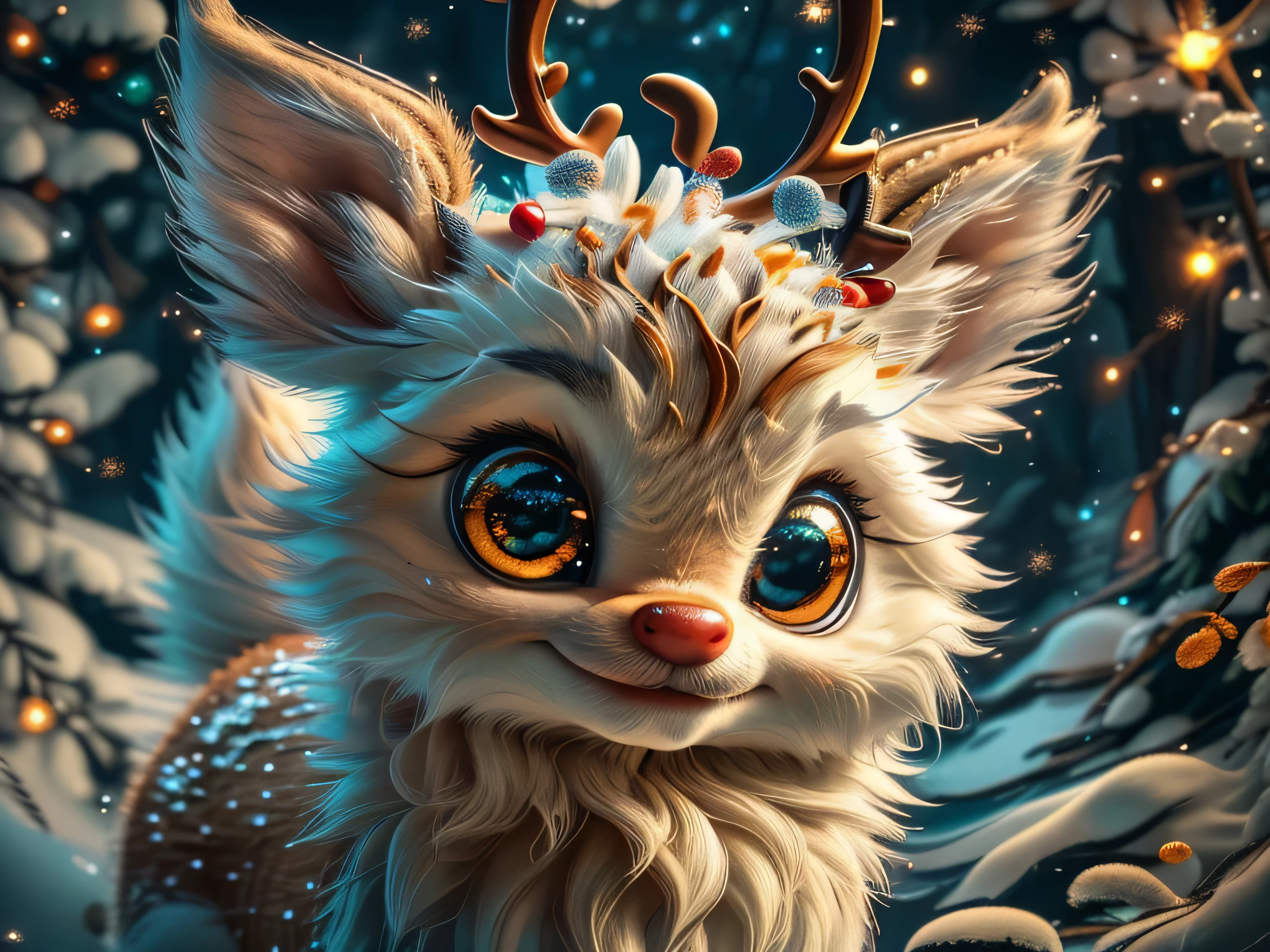 Magical Fantasy Creature, (Best Quality, Masterpiece, Representative Work, Official Art, Professional, Super Detailed, 8k:1.3), (Photorealism:1.2) Super Cute, Big Eyes, Soft, Soft Nose, Fluffy, Double-Toothed Smile, Aurorastyle, Highly detailed Dynamic shot of majestic adorable baby reindeer, high quality, beautiful masterpiece, fantasy creature, kawaii, digital art, glowing sparkles, Realistic, Beautiful, Stars in Eyes, Soft Volumetric Light, (Backlight:1.3), (Cinematic:1.2), Intricate Details, (ArtStation:1.3), --auto --s2