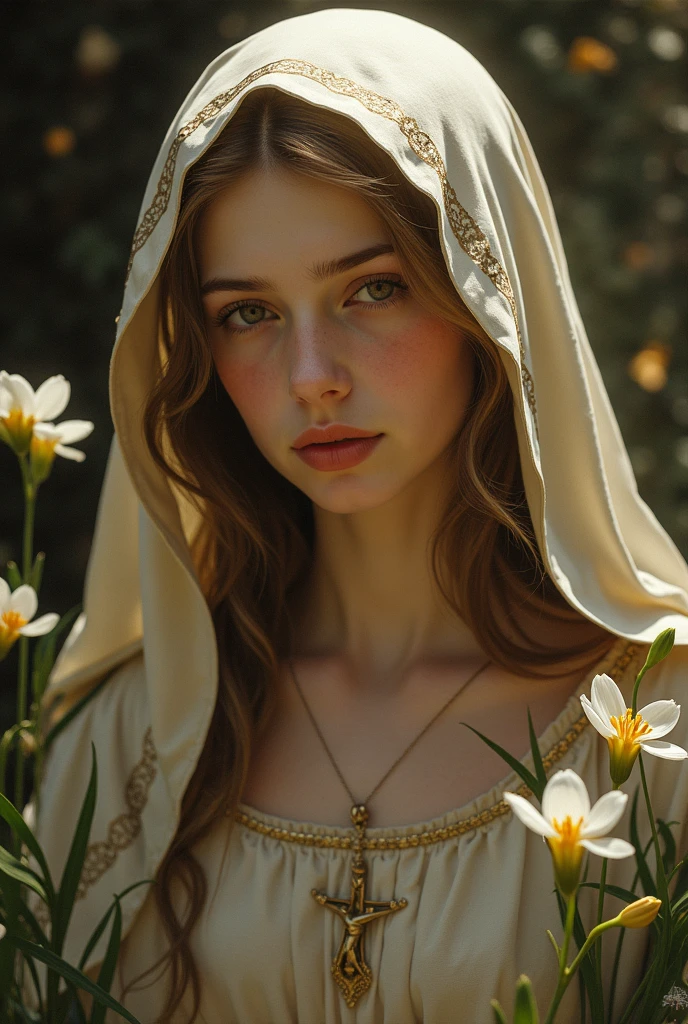 ((high resolution)), pale skin, freckled, brunette 13 year old girl, ((small breasts)), long curly hair, as a fantasy priestess, sun shining behind head, in the style of William-Adolphe Bouguereau