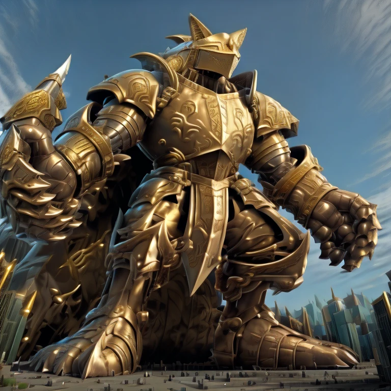 - Excalibur Sonic. Golden Armor. The whole body is golden.
- masterpiece. official art. 8k. best quality. detailed full body. full body.
- no face. wearing a full-face helmet.
- An arrogant expression. smile at the corner of your mouth.
- He with 4 arms.
- large muscles,  big muscle, huge muscles,  massive muscles, bulk up.
- focus GIANT Excalibur Sonic is trampling the city. Looking down. macro. stomp. Low-angle perspective. emphasizing the immense size. He has long legs.
- The nails are sharp. The nails are gold. There are five fingers.
- The toenails are sharp. The toenails are gold. There are five toes.
