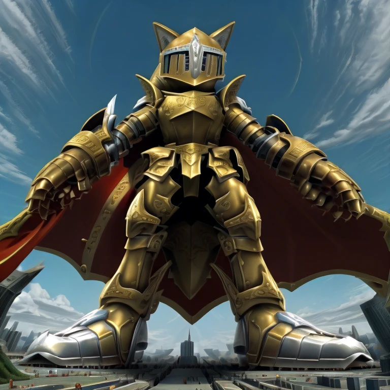 - Excalibur Sonic. Golden Armor. The whole body is golden.
- masterpiece. official art. 8k. best quality. detailed full body. full body.
- no face. wearing a full-face helmet.
- focus GIANT Excalibur Sonic is trampling the city. Looking down. macro. stomp. Low-angle perspective. emphasizing the immense size. He has long legs.

(Excalibur Sonic, golden armor, helmet, no face, holding, red cape, upturned and pointy shoes)