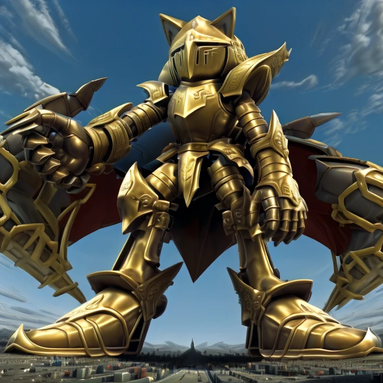 - Excalibur Sonic. Golden Armor. The whole body is golden.
- masterpiece. official art. 8k. best quality. detailed full body. full body.
- no face. wearing a full-face helmet.
- focus GIANT Excalibur Sonic is trampling the city. Looking down. macro. stomp. Low-angle perspective. emphasizing the immense size. He has long legs.

(Excalibur Sonic, golden armor, helmet, no face, holding, red cape, upturned and pointy shoes)