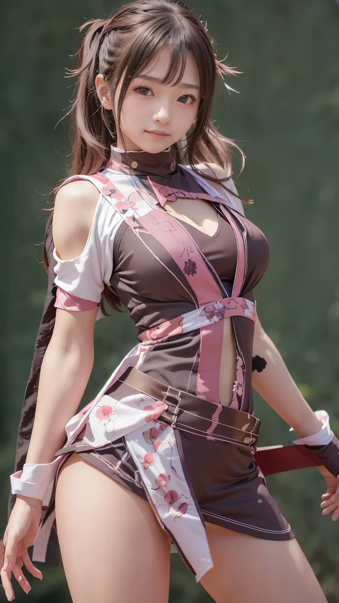 (((A beautiful girl wearing a Kunoichi ninja costume is standing in a cute pose))), hot body , age girl, amateur, 18 year old beautiful girl, cute girl, Hot hot hot , ( petite girl with medium hair), best quality, 8k, RAW photos , masterpiece, reality, (( bust top:1.2, Breast bag, Beautiful breasts)), slender body line , (( mischievous smile)), ( Detailed Eyes and Faces :1.2, Professional photography), ( perfect anatomy:1.3), ( View viewer:1.2, blush:1.2), (Beautiful small face, beautiful eyes, High nose, beautiful lips)