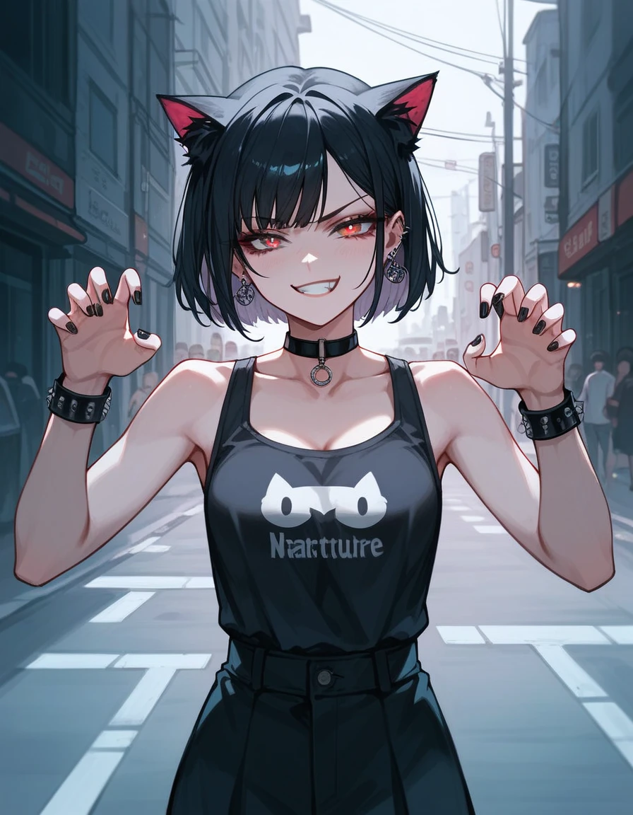 ((Long Straight Black hair)), Perfect face, Choker, Punk earrings, ((Tall)), ((High Quality)), Necklace, ((Mature)), Pretty Eyes, Sharp Nails, Bangs, ((1 Girl)), Hot, ((Multiple Earrings)), Natural Tits, 1 girl, Beautiful, Sexy, Spiky Earrings, Adult, Spiked Collar, Thin Eyelashes, Plain Background, Red Colors in Background, Lewd, Orgasmic, Horny, Dark Colors, Slender Body, Cat Girl, Long Tail, Large Tail, Massive Tail, Black Tail, ((Black Jeans)), ((Black Turtleneck Sweater)), Thick Thighs, Close Up, ((Small Tits)),