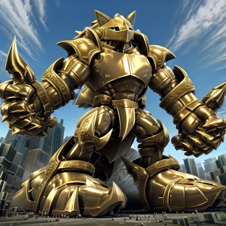 - Excalibur Sonic. Golden Armor. The whole body is golden.
- masterpiece. official art. 8k. best quality. detailed full body. full body.
- no face. wearing a full-face helmet.
- An arrogant expression. smile at the corner of your mouth.
- He with 4 arms.
- large muscles,  big muscle, huge muscles,  massive muscles, bulk up.
- focus GIANT Excalibur Sonic is trampling the city. Looking down. macro. stomp. Low-angle perspective. emphasizing the immense size. He has long legs.
- The nails are sharp. The nails are gold. There are five fingers.
- The toenails are sharp. The toenails are gold. There are five toes.
