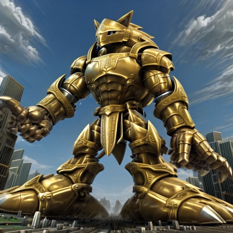 - Excalibur Sonic. Golden Armor. The whole body is golden.
- masterpiece. official art. 8k. best quality. detailed full body. full body.
- no face. wearing a full-face helmet.
- An arrogant expression. smile at the corner of your mouth.
- He with 4 arms.
- large muscles,  big muscle, huge muscles,  massive muscles, bulk up.
- focus GIANT Excalibur Sonic is trampling the city. Looking down. macro. stomp. Low-angle perspective. emphasizing the immense size. He has long legs.
- The nails are sharp. The nails are gold. There are five fingers.
- The toenails are sharp. The toenails are gold. There are five toes.
