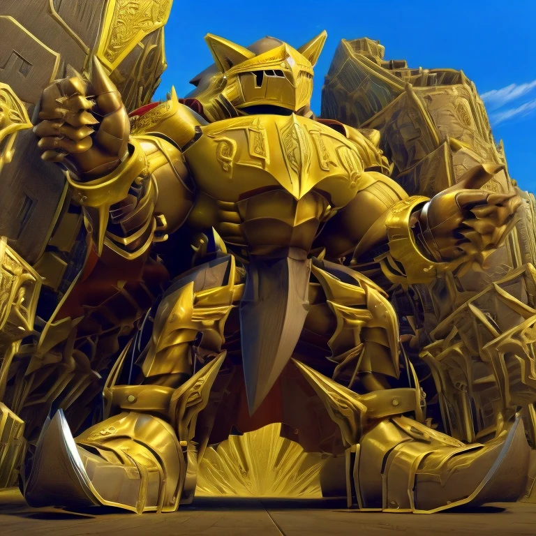 - Excalibur Sonic. Golden Armor. The whole body is golden.
- masterpiece. official art. 8k. best quality. detailed full body. full body.
- no face. wearing a full-face helmet.
- An arrogant expression. smile at the corner of your mouth.
- He with 4 arms.
- large muscles,  big muscle, huge muscles,  massive muscles, bulk up.
- focus GIANT Excalibur Sonic is trampling the city. Looking down. macro. stomp. Low-angle perspective. emphasizing the immense size. He has long legs.
- The nails are sharp. The nails are gold. There are five fingers.
- The toenails are sharp. The toenails are gold. There are five toes.

(Excalibur Sonic, golden armor, helmet, no face, holding, red cape, upturned and pointy shoes)