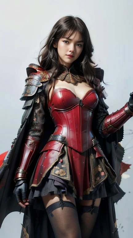   Beautiful black-haired woman ：1.3,  AMAZING CHARACTER ART , ((  Night Armor:1.3 )),Breasts are 2 /3 exposed skin ,medium breasts,cleavag,underboob,plunging necklines, SUPER MINISKIRT ARMOR ,  underwear is red high leg , wears black armor on her shoulders,Black Cape, beautiful skin like silk , Wide neckline, beautiful silhouette   , white color tights,((Pure white background)), (8k,  RAW photos ,  best quality),  handsome，Beautiful female knight, detailed digital art , Very nice work of art, FAN ART BEST ART STATION, ( RED VELVET LONG CAPE ),(Reach Out Your Open Hand Forward :1.3), ( puts his hand on his lower back),(on stage:1.2),((from below )), eyes that look into the distance,( A female general gives orders to soldiers :1.3),Muscular,(warrior:1.2),dynamic,confident,Inappropriate smile,Overbearing,warrior：1.2,Japan