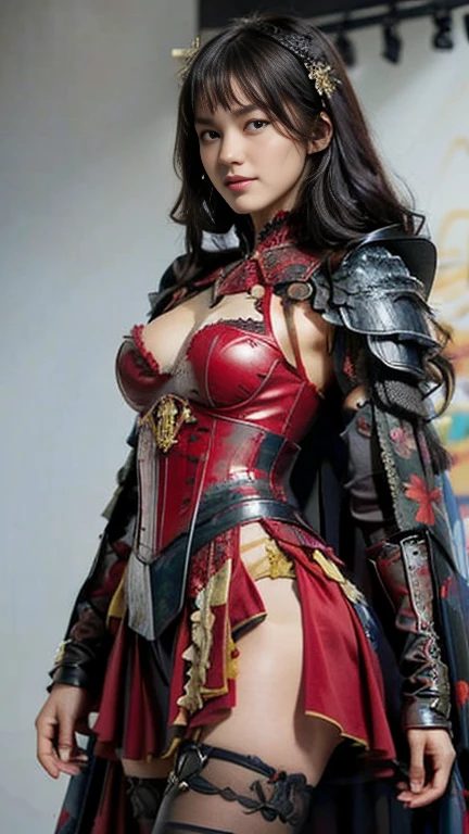   Beautiful black-haired woman ：1.3,  AMAZING CHARACTER ART , ((  Night Armor:1.3 )),Breasts are 2 /3 exposed skin ,medium breasts,cleavag,underboob,plunging necklines, SUPER MINISKIRT ARMOR ,  underwear is red high leg , wears black armor on her shoulders,Black Cape, beautiful skin like silk , Wide neckline, beautiful silhouette   , white color tights,((Pure white background)), (8k,  RAW photos ,  best quality),  handsome，Beautiful female knight, detailed digital art , Very nice work of art, FAN ART BEST ART STATION, ( RED VELVET LONG CAPE ),(Reach Out Your Open Hand Forward :1.3), ( puts his hand on his lower back),(on stage:1.2),((from below )), eyes that look into the distance,( A female general gives orders to soldiers :1.3),Muscular,(warrior:1.2),dynamic,confident,Inappropriate smile,Overbearing,warrior：1.2,Japan