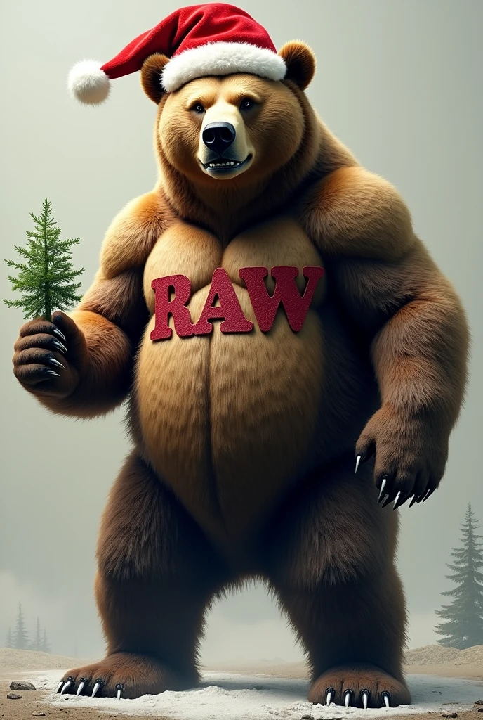 A giant life like grizzly bear wearing a santa hat with the lettera RAW ...