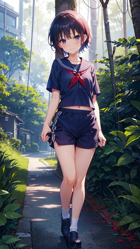 (anime colored),((10years old loli)),((naughty smile)),shoes,gym uniform,gym shirts, white t-shirts,(((navy blue buruma))),small breasts,small nipples,shirt lift,(red short hair),blue eyes,beautiful body,(bashful),exposed,(((in the forest))),(((School building in the background))),masterpiece,super detailed,HD,good anatomy, best quality,Very delicate and beautiful,Very detailed and refined,8k CG wallpaper