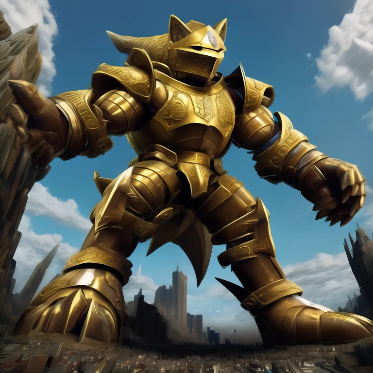 - Excalibur Sonic. Golden Armor. The whole body is golden.
- masterpiece. official art. 8k. best quality. detailed full body. full body.
- no face. wearing a full-face helmet.
- An arrogant expression. smile at the corner of your mouth.
- He with 4 arms.
- large muscles,  big muscle, huge muscles,  massive muscles, bulk up.
- focus GIANT Excalibur Sonic is trampling the city. Looking down. macro. stomp. Low-angle perspective. emphasizing the immense size. He has long legs.
- The nails are sharp. The nails are gold. There are five fingers.
- The toenails are sharp. The toenails are gold. There are five toes.
