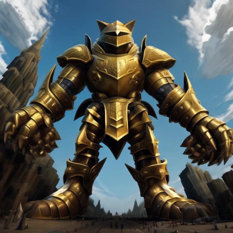 - Excalibur Sonic. Golden Armor. The whole body is golden.
- masterpiece. official art. 8k. best quality. detailed full body. full body.
- no face. wearing a full-face helmet.
- An arrogant expression. smile at the corner of your mouth.
- He with 4 arms.
- large muscles,  big muscle, huge muscles,  massive muscles, bulk up.
- focus GIANT Excalibur Sonic is trampling the city. Looking down. macro. stomp. Low-angle perspective. emphasizing the immense size. He has long legs.
- The nails are sharp. The nails are gold. There are five fingers.
- The toenails are sharp. The toenails are gold. There are five toes.
