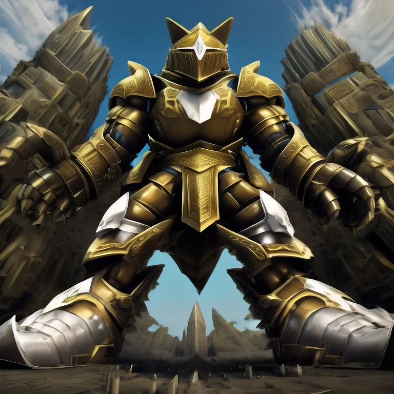 - Excalibur Sonic. Golden Armor. The whole body is golden.
- masterpiece. official art. 8k. best quality. detailed full body. full body.
- no face. wearing a full-face helmet.
- An arrogant expression. smile at the corner of your mouth.
- He with 4 arms.
- large muscles,  big muscle, huge muscles,  massive muscles, bulk up.
- focus GIANT Excalibur Sonic is trampling the city. Looking down. macro. stomp. Low-angle perspective. emphasizing the immense size. He has long legs.
- The nails are sharp. The nails are gold. There are five fingers.
- The toenails are sharp. The toenails are gold. There are five toes.
