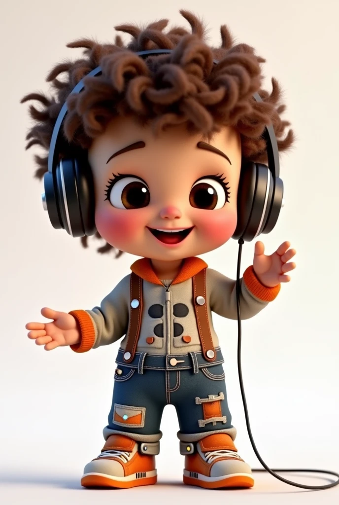 A child between , light brown with short curly hair, pink All Star shoes and headphones