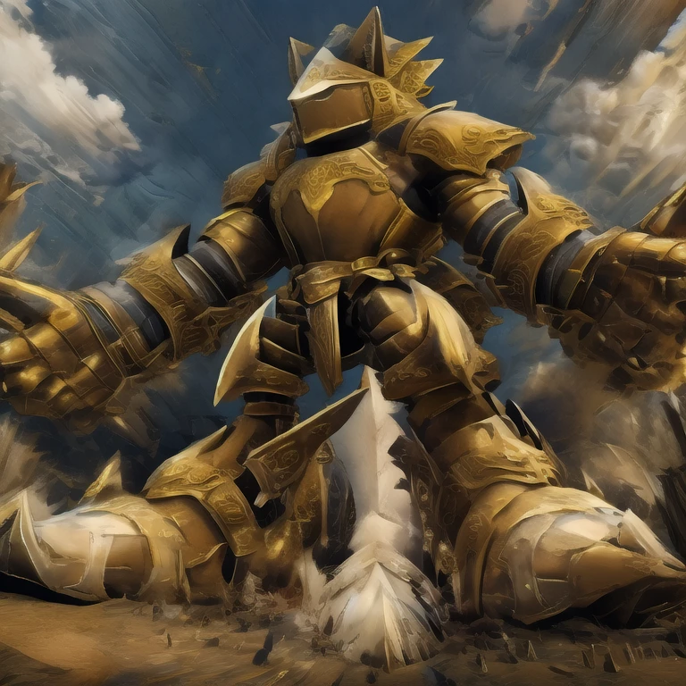 - Excalibur Sonic. Golden Armor. The whole body is golden.
- masterpiece. official art. 8k. best quality. detailed full body. full body.
- no face. wearing a full-face helmet.
- An arrogant expression. smile at the corner of your mouth.
- He with 4 arms.
- large muscles,  big muscle, huge muscles,  massive muscles, bulk up.
- focus GIANT Excalibur Sonic is trampling the city. Looking down. macro. stomp. Low-angle perspective. emphasizing the immense size. He has long legs.
- The nails are sharp. The nails are gold. There are five fingers.
- The toenails are sharp. The toenails are gold. There are five toes.
