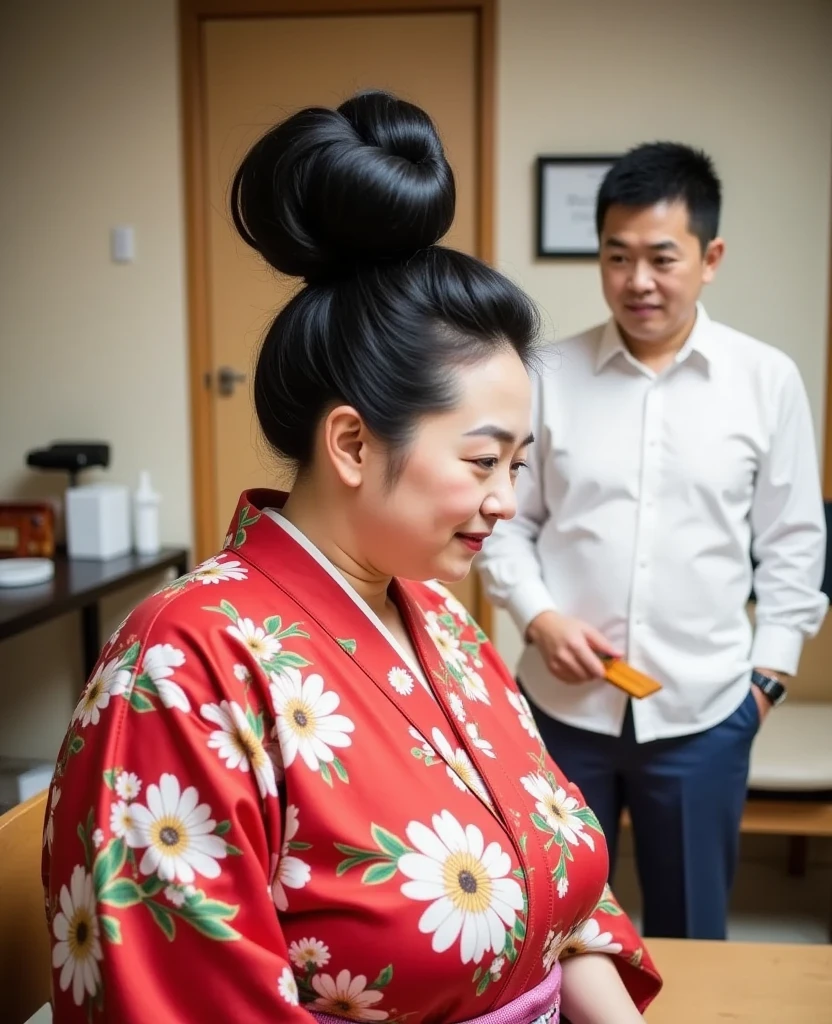 8k,Highest quality, masterpiece, Ultra-high resolution,(masterpiece:1.6, Highest quality), Intricate details, ((1female and male)),((A young man is unraveling a mature woman's ridiculously huge hair bun .:1.5)),((Japanese-style room,tatami,Dressing table,Wooden comb:1.2)),｛woman,Middle-aged woman in her 50s, japanese, full body, top of head,((A gigantic hair bun, A huge hair bun:1.5)), ((jet Black Hair)), ((forehead:1.5)),fat body, Fat face, Saggy face, ((huge breasts, gigantic breasts:1.5)), ((super Saggy breasts:1.5)), ((pale skin, shiny skin, red lips)),((red floral yukata))｝,｛male,20th Generation,White shirt, dark blue slacks , short hair :1.5｝