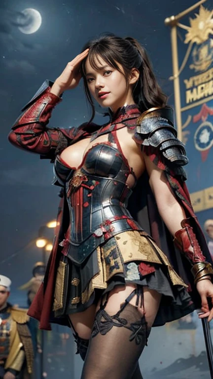   Beautiful black-haired woman ：1.3,  amazing character art ,  ponytails bleeding from the vagina ,((  Night Armor:1.3 )),Breasts are 2 /3 exposed skin ,medium breasts,cleavag,underboob,plunging necklines, SUPER MINISKIRT ARMOR ,  underwear is red high leg , wears black armor on her shoulders,Black Cape, beautiful skin like silk , Wide neckline, beautiful silhouette   , white color tights,((Oda family crest flag background)), (8k,  RAW photos ,  best quality),  handsome，Beautiful female knight, detailed digital art , Very nice work of art, FAN ART BEST ART STATION, ( Red Velvet Long Cape ),(Reach Out Your Open Hand Forward :1.3), ( puts his hand on his lower back),(on stage:1.2),((from below )), eyes that look into the distance,( Female General Gives Orders to Soldiers :1.3),Muscular,(warrior:1.2),dynamic,confident,Inappropriate smile,Overbearing,warrior：1.2,Japan