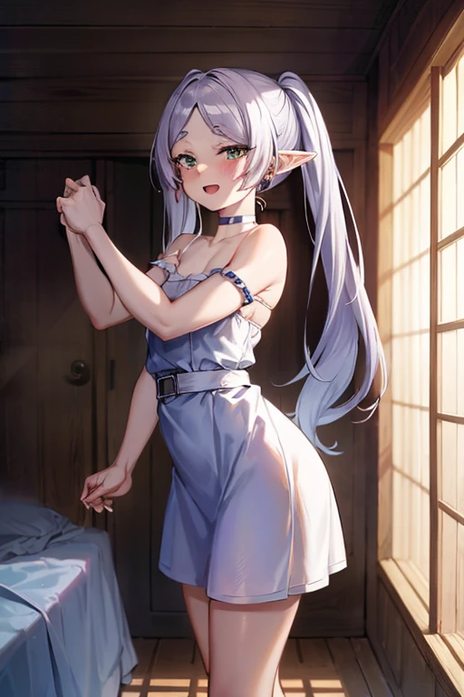 (( best quality)), ((masterpiece)), (be familiar with),  perfect face, indoor, bedroom,  watching viewers ,
One woman, Frielen,
 characters with open mouth ,  ecstatic expression with hands in front of body, blush, smile,
Small breasts,  flat chested, Young girl, Lori,  s,  girl,
 long hair,  twin tails,
Leg spread,