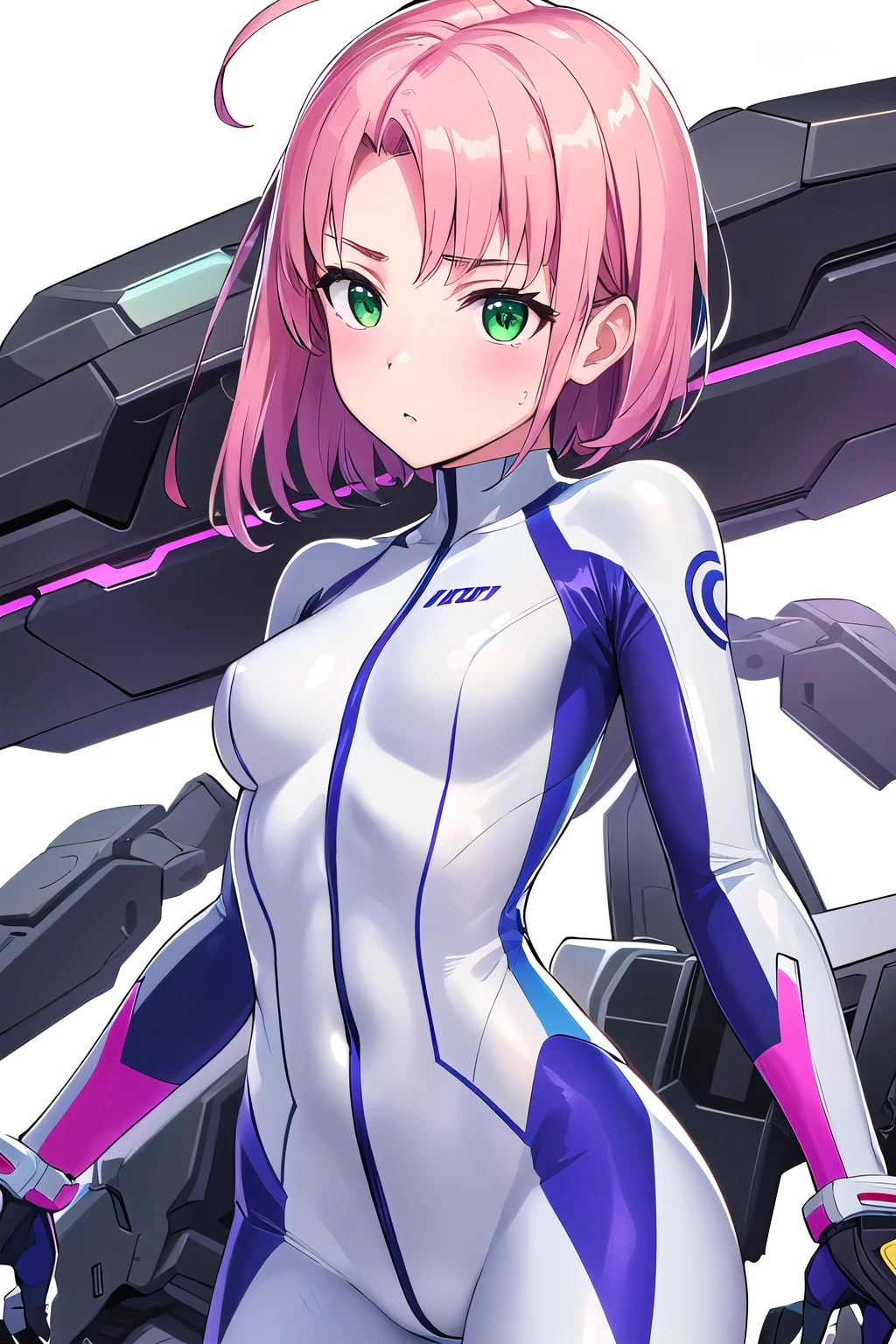 1 girl,Samus aran,solo,green eyes, pink hair, forehead hair, white zero suit,white body suit,purple stripes,cowboy shot,blush,,Science fiction,ultra-detailed,sharp focus,aesthetic,(best quality), white background