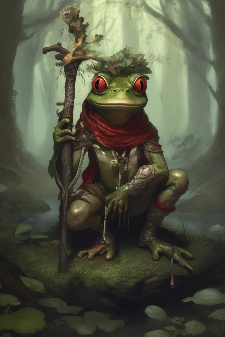 1boy, solo, frog, (red skin), scar on left eye, blind in left eye, no pants, branches wrapping around body, wreath of branches with leaves on head, dryad, holding spear, anthropomorphic frog, dnd character, boar tusk necklace, druid, hood made of skind toad, toad,