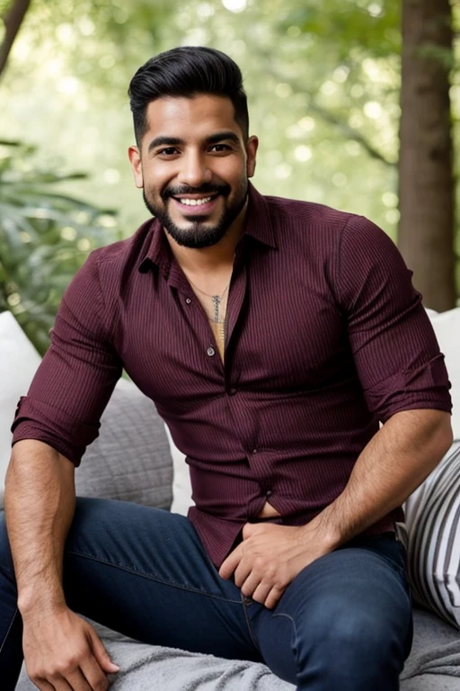 A handsome Mexican man, black hair, short beard, 6 pack abbs,virile and fit body , sitting on a park bench, smiling