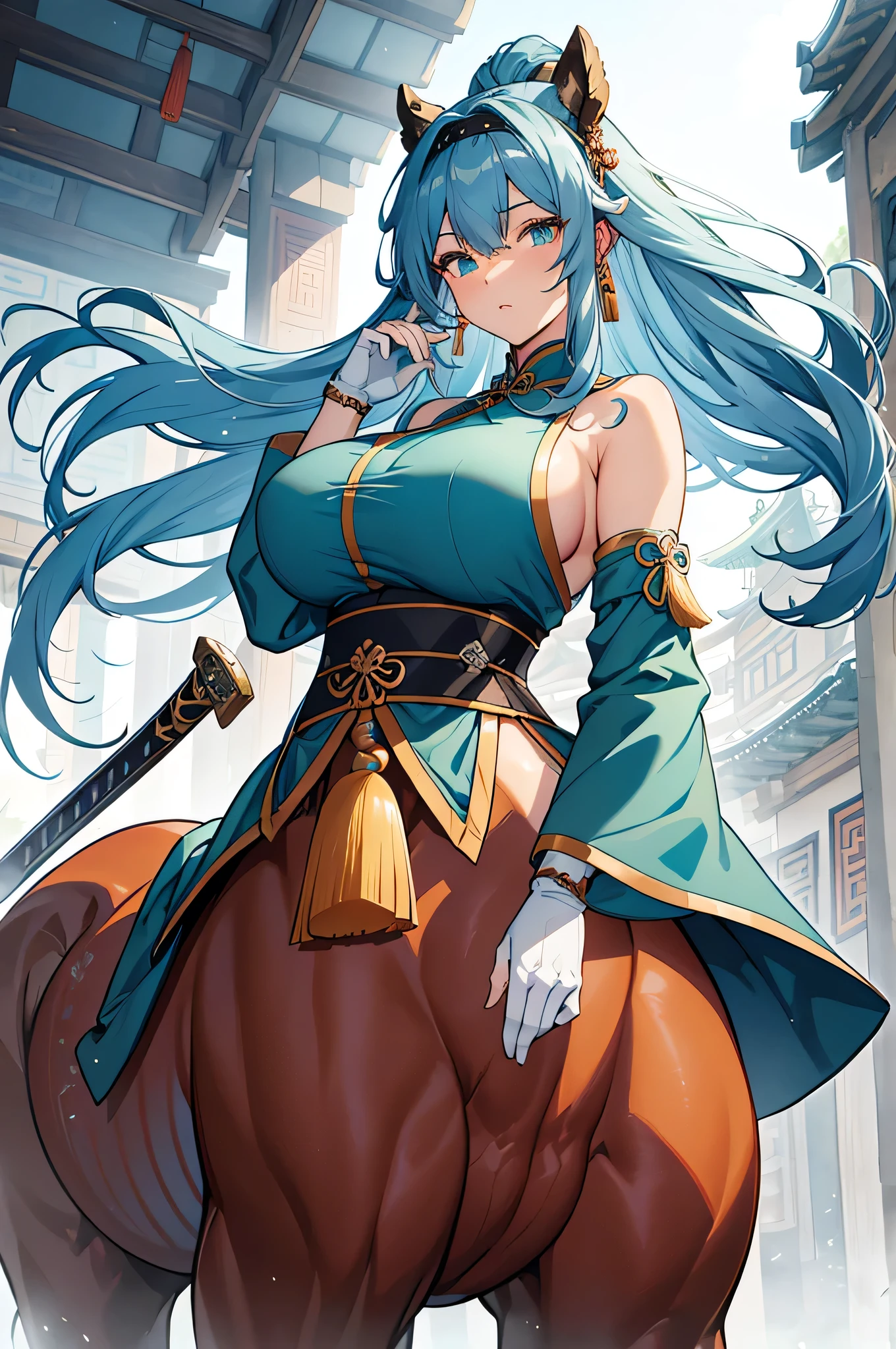 1girl, anime, beautiful girl with slate blue hair, side ponytail,Braided Chignon, in a dilapidated dungeon, hourglass figure, facing viewer<lora:envy_xl_test_5:0.75>