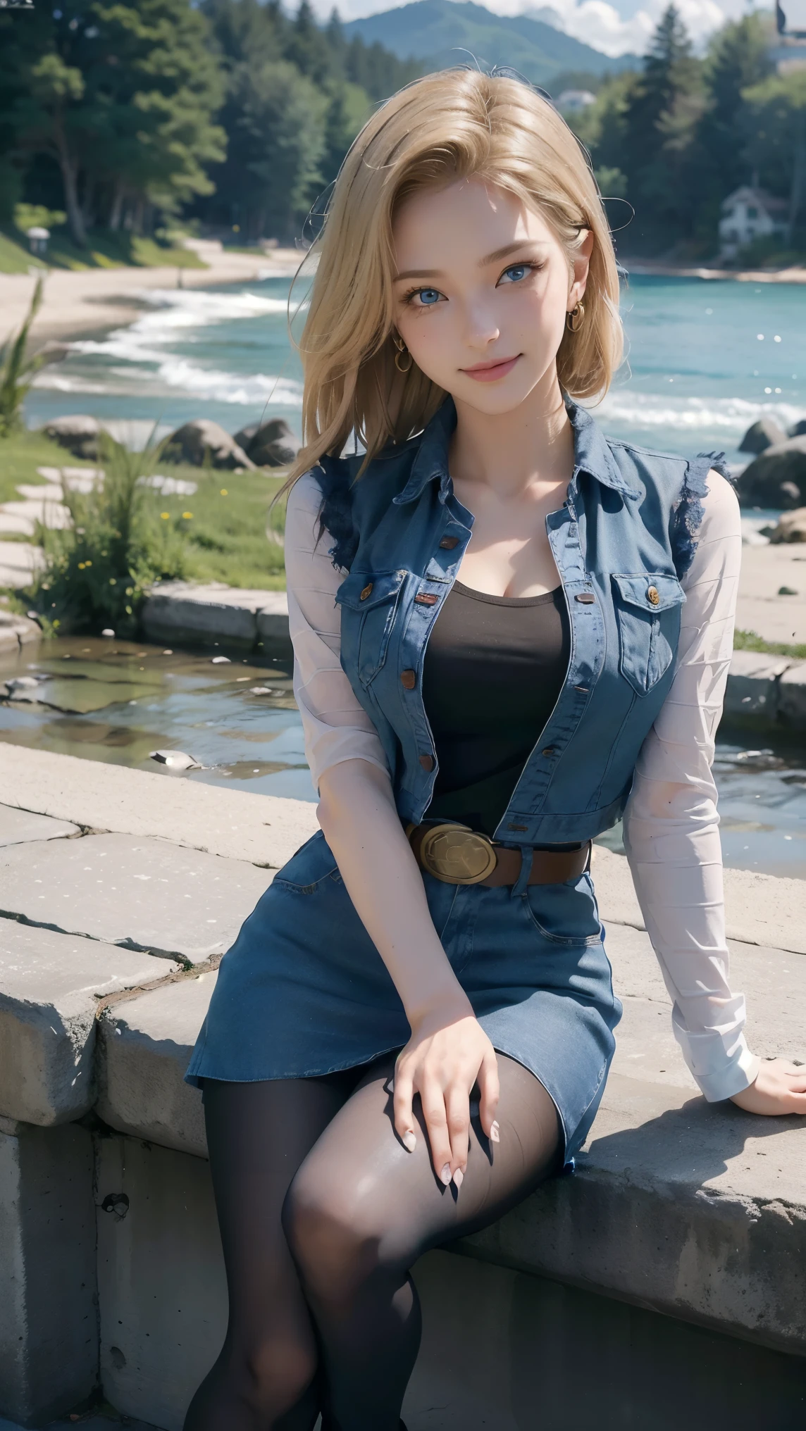 Android 18,(best qualityer,4K,8k,high resolution,work of art:1.2)(weather: cloudy), kame house background, beach shore, freckles, black top, striped sleeves, denim vest, denim skirt, pantyhose, brown boots, earrings, belt, short straight hair, blonde hair, ultra detailed, realistic,portraite,beautiful detailed blue eyes, glowing eyes,blush,beautiful detailed lips,extremely detailed eye and face, long eyelashes,sexly,average, large breasts,beaming smile, sexy smile,powerful girl, sexy pose, stunning curves,bright coloured,dramatic lighting, arms crossed,