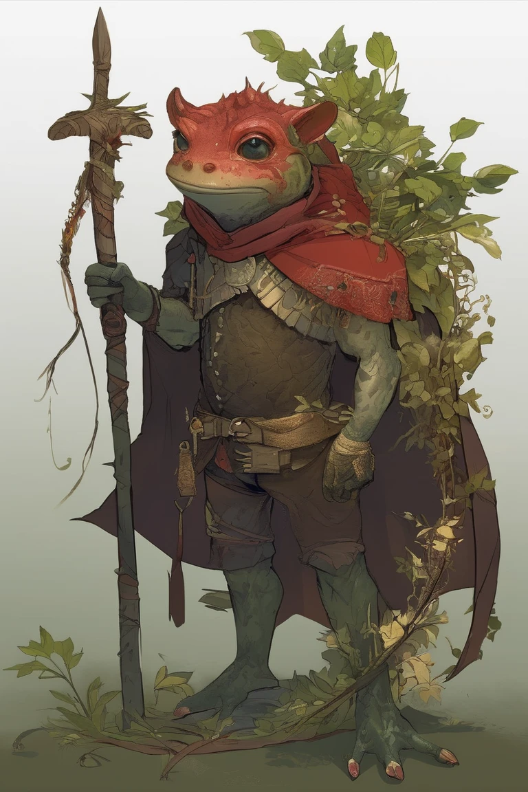 (masterpiece, best quality:1.2), Solitary, whole body, (Anthropomorphic frogs, hairy, Beast field), Curious, Simple background 1boy, solo, frog, red skin, scar on left eye, blind in left eye, no pants, branches wrapping around body, wreath of branches with leaves on head, dryad, holding spear, anthropomorphic frog, dnd character, boar tusk necklace, druid, hood made of skin