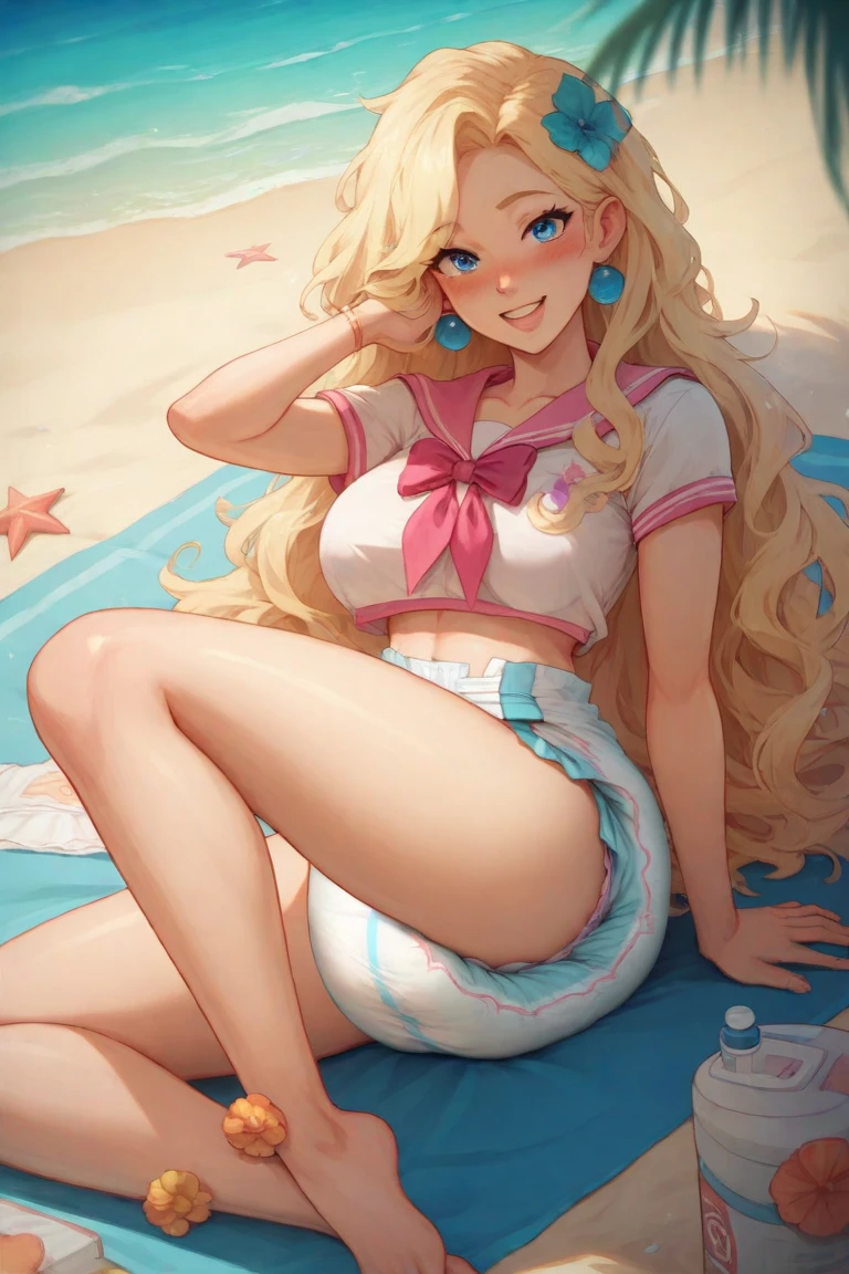 a professional movie photograph of, woman in a pixar-style sailor moon, in the style of luminous 3d objects, she has a cartoon smile, with lit eyes, white skin and rosy cheeks, a winning photograph from the society, blonde hair, dorne, very bright and shiny blonde hair, iridescence/opalescence, glitter, highly detailed photorealistic, 16k --expressive style --niji 5, best quality, high quality, highly detailed, 8k, Very young blonde-white girl. The most beautiful girl in the world, a beautiful very young face. (((beautiful light pink nipples!!!))). Slim body and big boobs with firmness and elasticity. She is short, so she is 165cm tall. Ideal eyebrows with good shape. Very narrow between the eyes and eyebrows. Beautiful double eyelids. (((Very realistic gentle beautiful blue-gray eyes!!!))). A happy lewd smile. Wearing a sleeveless, sexy uniform with a lot of exposure and strong metallic luster. slim legs with good shape. (((Open legs as far as she can to show her crotch well!!!))). The fabric of the uniform is very thin and the shape of the torso and boobs can be clearly seen. (((She is not wearing panties!!!))). (((Her hole opens widely!!!))). (((Her hole opens widely until the deep part!!!))). (((Very hairy with thin bright golden pubic hair!!!))). elegant and sexy and attractive. Very smooth skin that glows strongly with oil all over the body. various sexy poses.