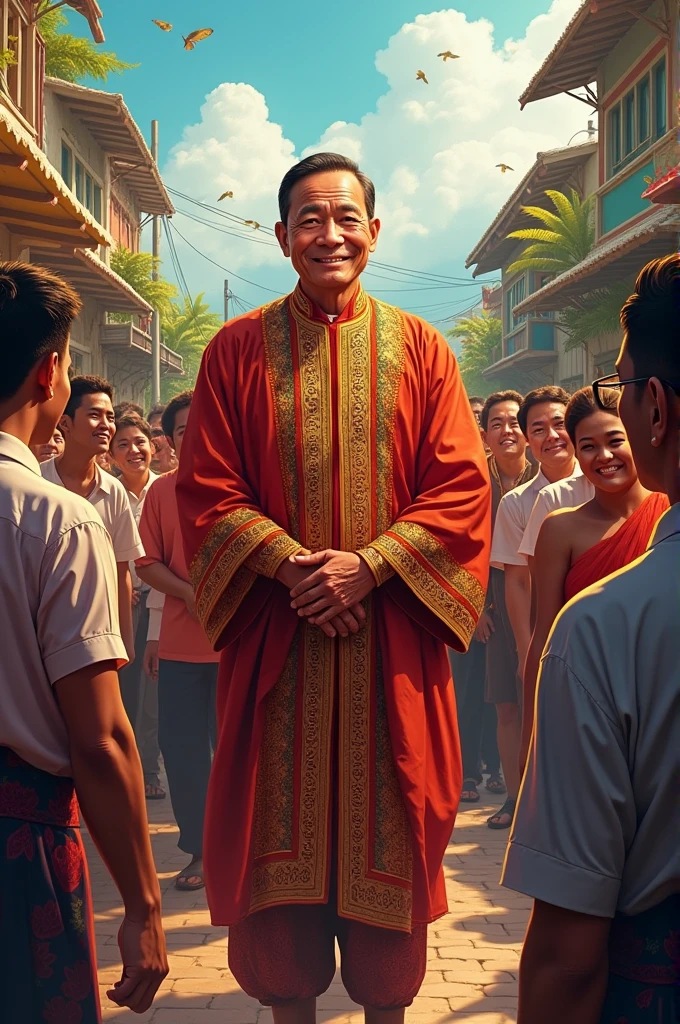 Best quality super detail super realistic ultra high resolution ratio 16:9, depicts a handsome Indonesian man dressed in red and white inviting farmers, construction and fishermen build the country of Indonesia with the words HUT NKRI 79 written on it, background of Indonesian Independence Day 17 August 2024