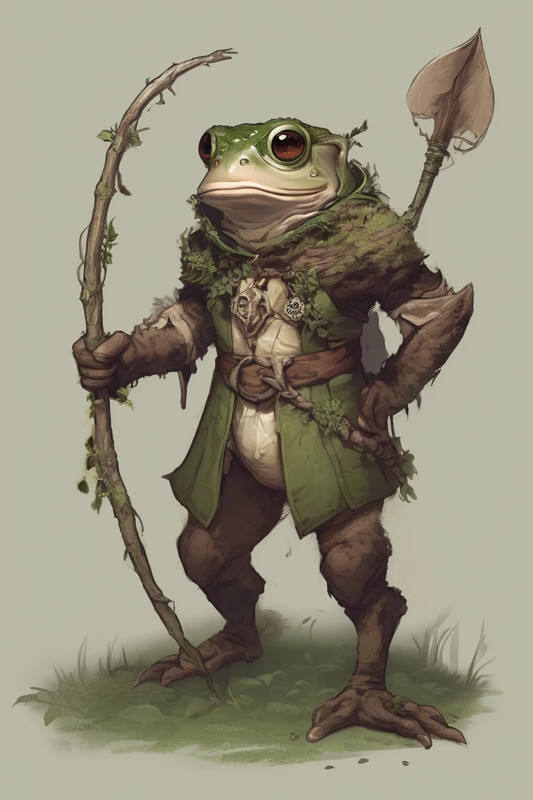 (masterpiece, best quality:1.2), Solitary, whole body, (Anthropomorphic frogs, hairy, Beast field), Curious, Simple background 1boy, solo, frog, red skin, scar on left eye, blind in left eye, no pants, branches wrapping around body, wreath of branches with leaves on head, dryad, holding spear, anthropomorphic frog, dnd character, boar tusk necklace, druid, hood made of skin