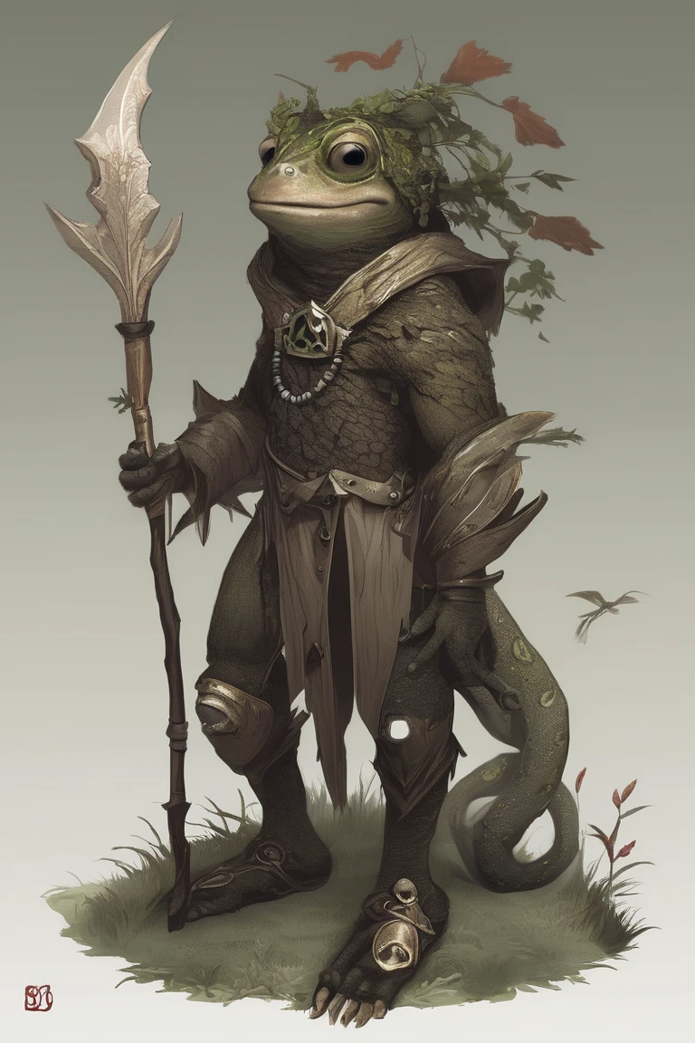 (masterpiece, best quality:1.2), Solitary, whole body, (Anthropomorphic frogs, hairy, Beast field), Curious, Simple background 1boy, solo, frog, red skin, scar on left eye, blind in left eye, no pants, branches wrapping around body, wreath of branches with leaves on head, dryad, holding spear, anthropomorphic frog, dnd character, boar tusk necklace, druid, hood made of skin