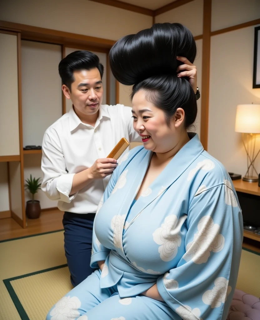 8k,Highest quality, masterpiece, Ultra-high resolution,(masterpiece:1.6, Highest quality), Intricate details, ((1female and male)),((A young man is unraveling a mature woman's ridiculously huge hair bun .:1.5)),((Japanese-style room,tatami,Dressing table,Wooden comb:1.2)),｛woman,Middle-aged woman in her 50s, japanese, full body, top of head,((A gigantic hair bun, A huge hair bun:1.5)), ((jet Black Hair)), ((forehead:1.5)),fat body, Fat face, Saggy face, ((huge breasts, gigantic breasts:1.5)), ((super Saggy breasts:1.5)), ((pale skin, shiny skin, red lips)),((blue floral yukata))｝,｛male,20th Generation,White shirt, dark blue slacks , short hair :1.5｝