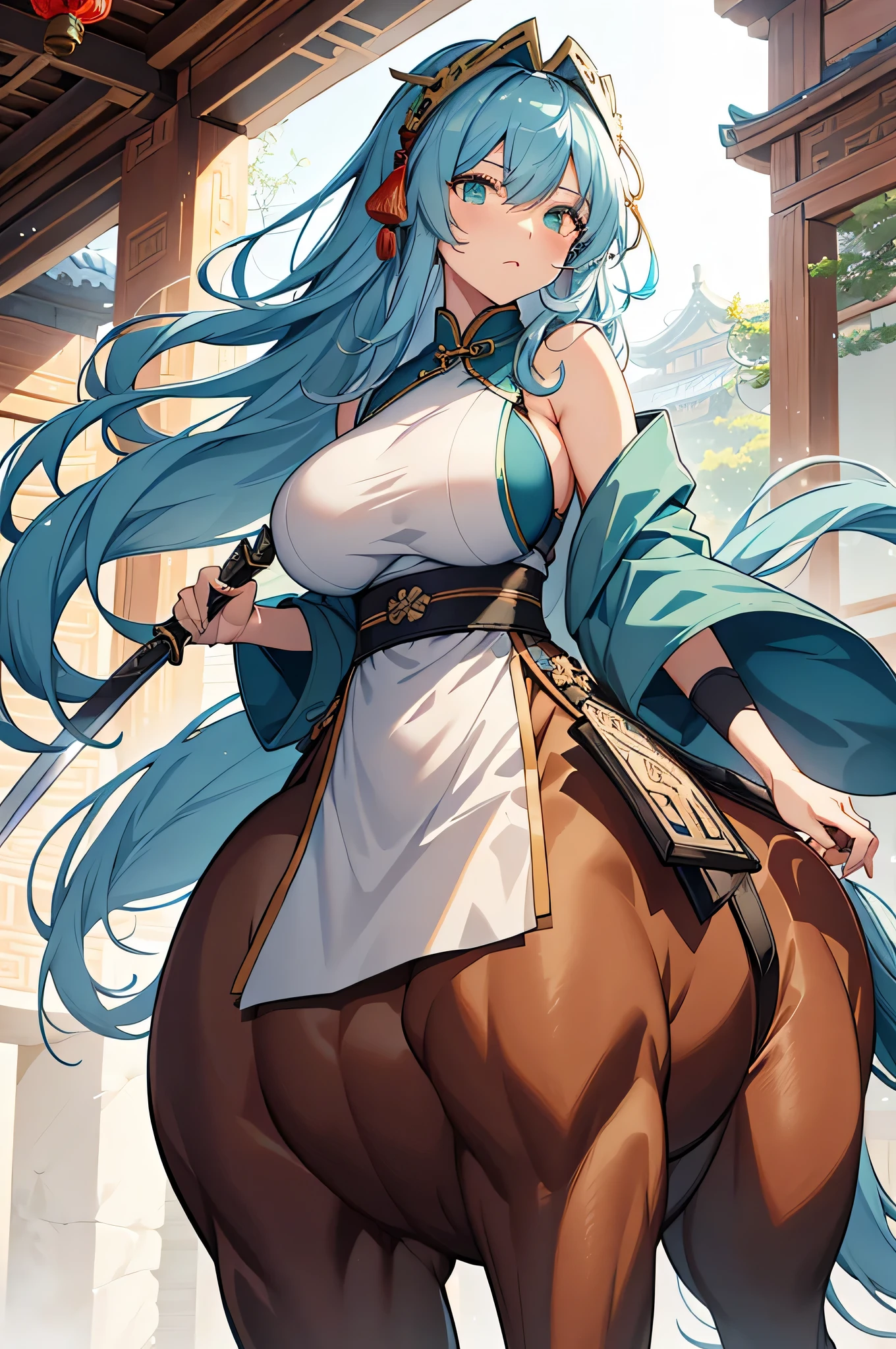 4K,High resolution,One Woman,centaur,Blue Hair,Short Ponytail,Big Breasts,Brown fur,Swordsman,White Chinese dress,White gloves,Jewelry decoration,Japanese sword,Medieval town