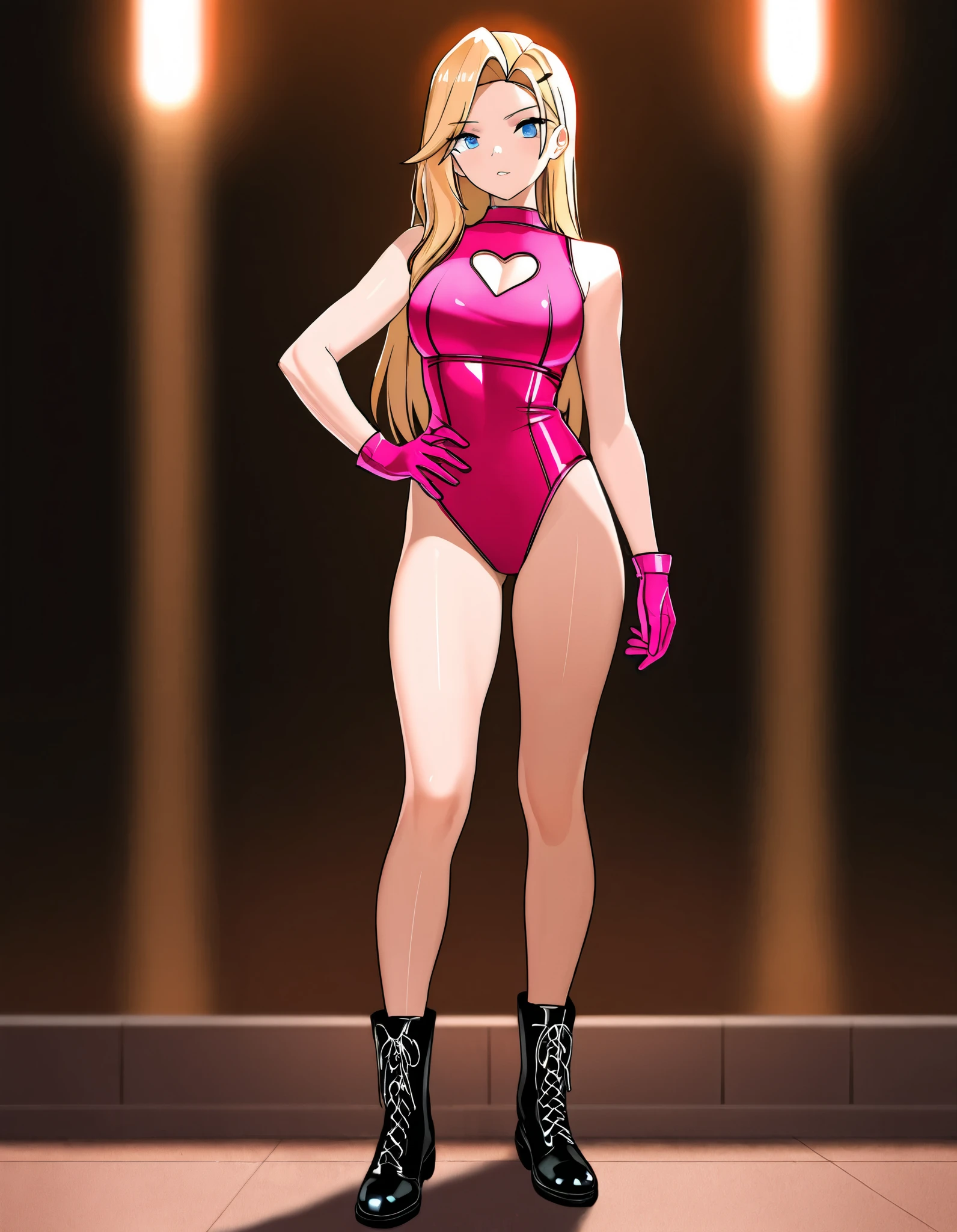 Masterpiece, best quality, high res, 8k, A stylized anime character design featuring a young, attractive female character with long, flowing, golden-blonde hair and bright blue eyes. She wears a sleek, form-fitting, pink sleeveless leotard with a heart-shaped cutout near the chest area. Her outfit includes matching pink gloves, knee-high lace-up boots, and black accents on the suit and gloves. (Bare legs:1.4). Superhero. Standing straight, Miami, city backdrop, full body shot, cowboy shot, cinematic lighting.