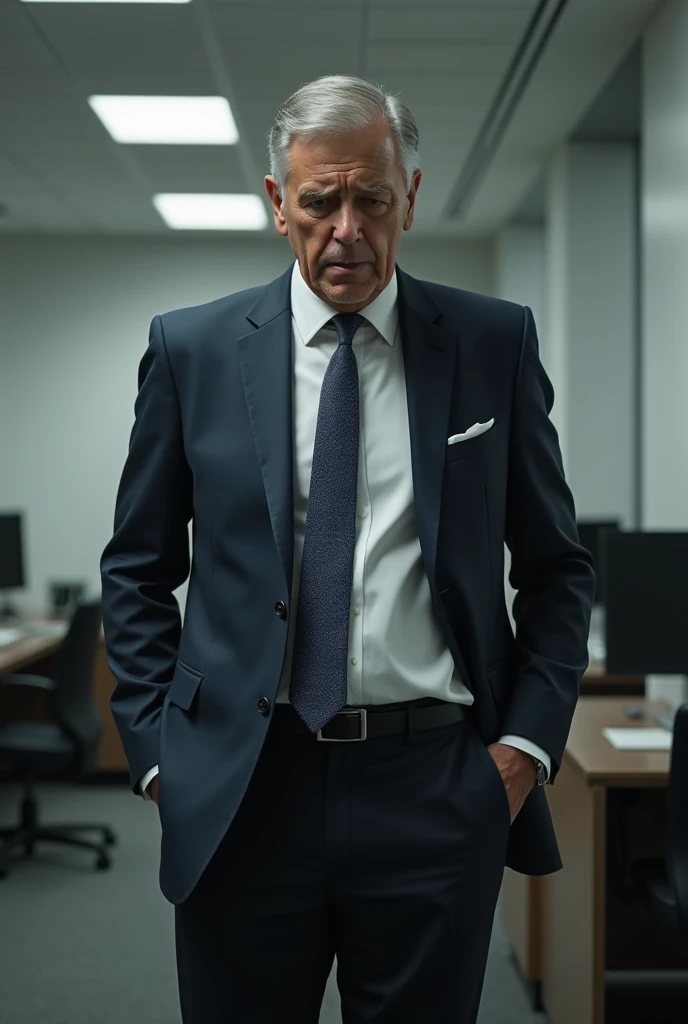 A man in a suit and tie inside the office with his hands in each pocket ...