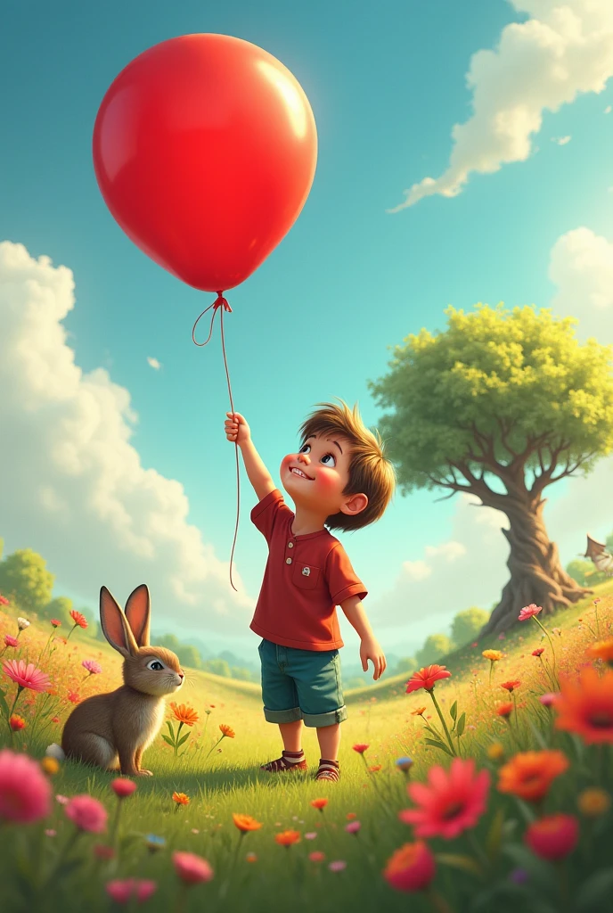 A boy with a red balloon and a capybara in the rain