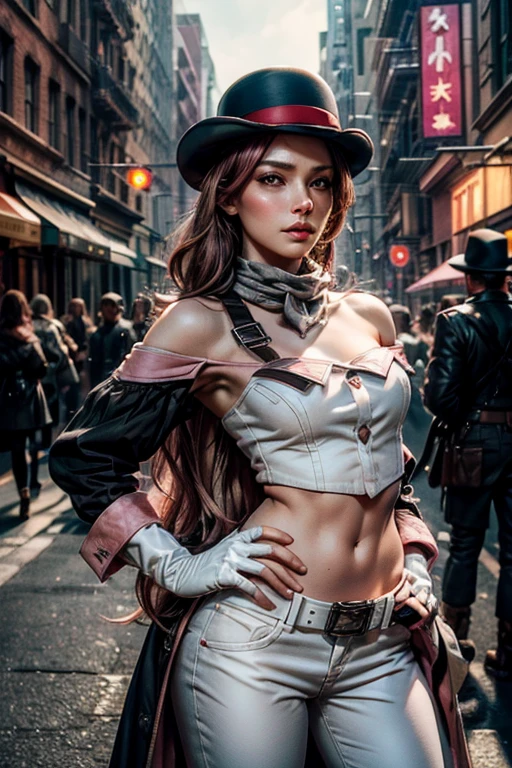 pink and brown hair, multicolored hair, neopolitanatlas, bowler hat, grey scarf, white gloves, white shirt, off-shoulder shirt, black sleeves, midriff, white belt, white pants, outdoors, standing next to black haired military officer in Manhattan street , crowd, night, stars, cowboy shot, masterpiece, heart shaped face, elegant face, beautiful face, highly detailed cafe, face, highly detailed skin, skin pores, subsurface scattering, realistic pupils, looking at viewer, full lips, detailed background, depth of field, atmospheric perspective, volumetric lighting, sharp focus, absurdres, realistic proportions, good anatomy, (realistic, hyperrealistic:1.4), 16k hdr,