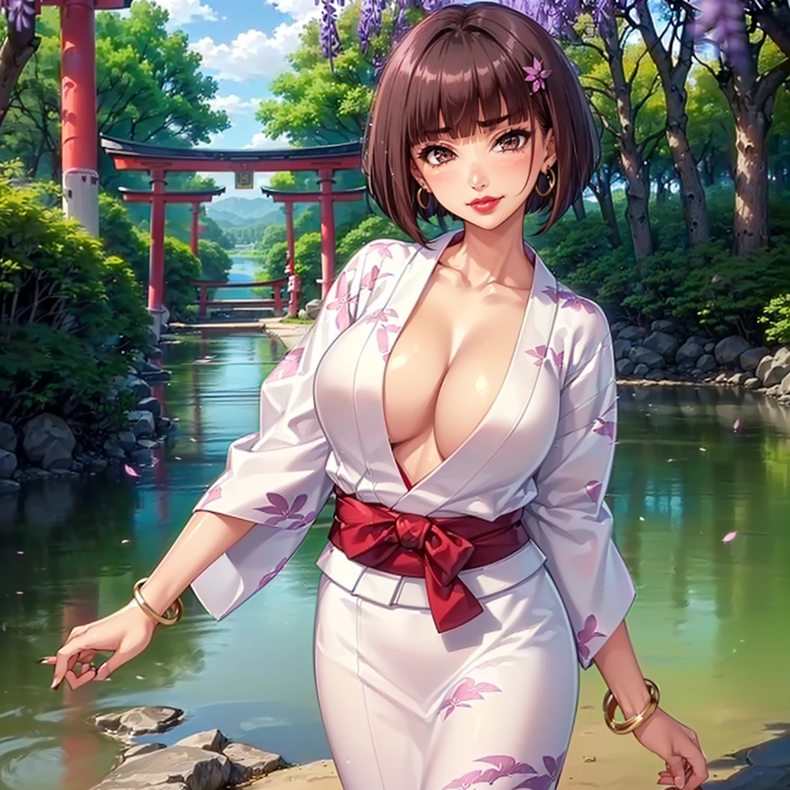 ((1girl, solo ,alone, ((Itsuki Shima, mature female, (cowboy shot:1.2), short hair, brown hair, bob cut, brown eyes, looking at viewer), muscular female, gold bracelets, ruby earrings)), ((athletic body, toned body, fitness)), ((solo, (1woman, pink lipstick), Extremely detailed, ambient soft lighting, 4k, perfect eyes, a perfect face, perfect lighting, a 1girl)), ((kimono, Yukata, Japanese garden, Japanese temple, forest, torii, trees, city in the background, red lipstick, clouds, smug, printed kimono, jacaranda trees, lake, neckline, cleavage))