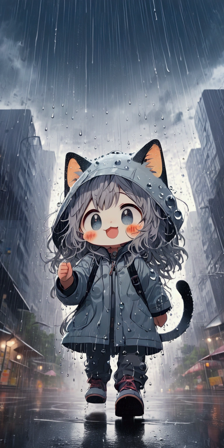 
heavy storm,wind,(heavy rain:1.5), (big raindrops:1.5), (rainy sky:1.5),(many rain ripples:1.3). 1girl/((catgirl:1.3),(furry:1.2),kemono,(chibi:1.2),cat ear,cat eye,cute, kawaii,hair floating, hair shining brightly, curly hair, short hair, messy hair, eye color cosmic, big eyes, (dynamic angle:1.4),(from below:1.4), long shot,short pants,(Walking:1.5) dynamically, (steps:1.3), skipping, (walk heavy steps:1.4),(big smile:1.3),open mouth,fangs,wet hair, wet, cute raincoat,happy,dynamic,in distance,full body,floating\) .background\(heavy rain, dark sky, beautiful waterdrops, long shot\),(from below:1.7),(ground level shot:1.7),(from directly below:1.7). score_9, score_8_up, score_7_up, score_6_up, score_5_up, score_4_up, source_anime,source_furry,rating_safe,rating_questionable,masterpiece, best quality, perfect anatomy , very aesthetic , absurdres,,realistic rain, high speed shutter, (fisheye lens), (focus on waterdrops), (landscape of sky:1.5), (dynamic angle:1.3),(long shot),(wide shot)