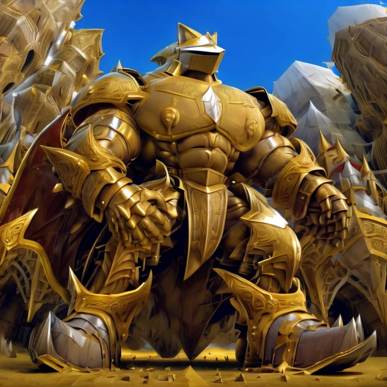 - Excalibur Sonic. Golden Armor. The whole body is golden.
- masterpiece. official art. 8k. best quality. detailed full body. full body.
- no face. wearing a full-face helmet.
- An arrogant expression. smile at the corner of your mouth.
- He with 4 arms.
- large muscles,  big muscle, huge muscles,  massive muscles, bulk up.
- focus GIANT Excalibur Sonic is trampling the city. Looking down. macro. stomp. Low-angle perspective. emphasizing the immense size. He has long legs.
- The nails are sharp. The nails are gold. There are five fingers.
- The toenails are sharp. The toenails are gold. There are five toes.

(Excalibur Sonic, golden armor, helmet, no face, holding, red cape, upturned and pointy shoes)