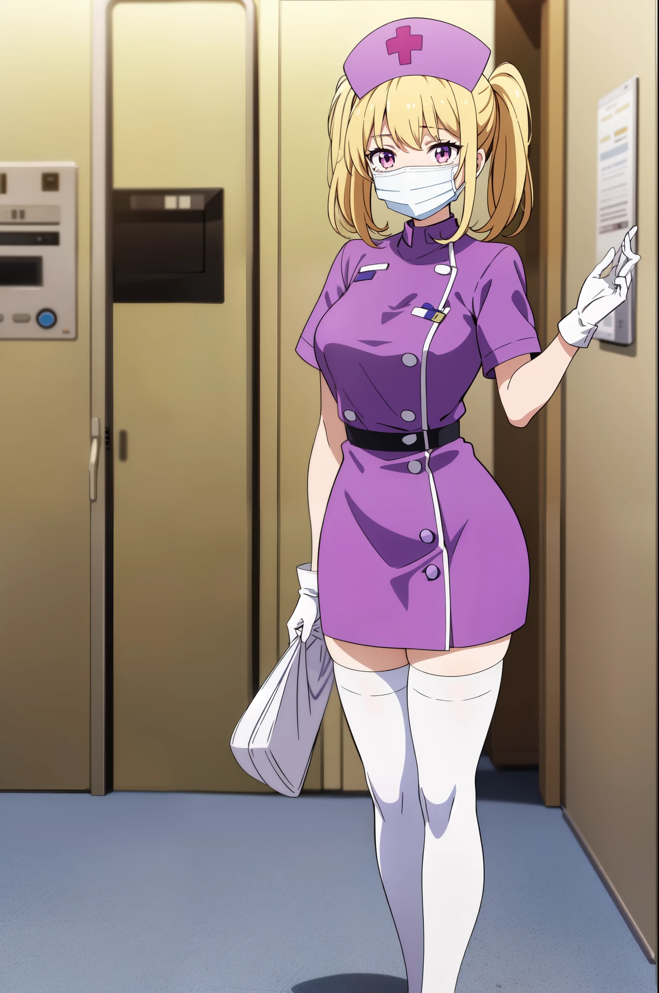 1woman, solo, nurse, white nurse cap, white nurse uniform, ((white legwear, zettai ryouiki)), white gloves, blonde hair, blue eyes, pink lips, smile, standing, ((hospital room)), sharp outline, short sleeves, mature female, 35 years old, best quality, masterpiece