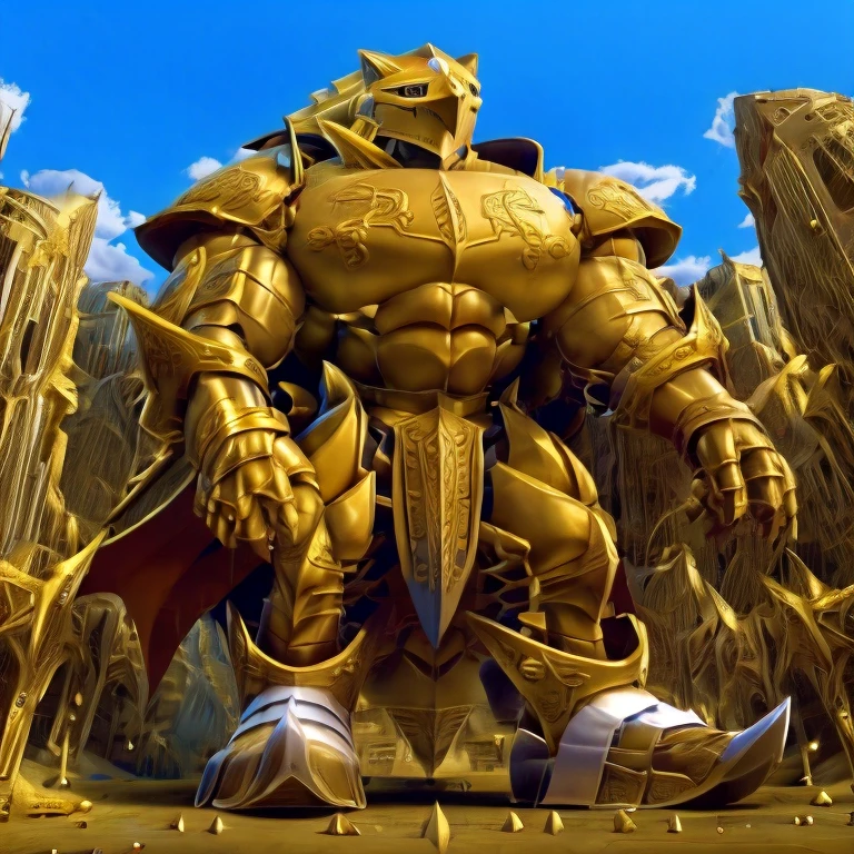 - Excalibur Sonic. Golden Armor. The whole body is golden.
- masterpiece. official art. 8k. best quality. detailed full body. full body.
- no face. wearing a full-face helmet.
- An arrogant expression. smile at the corner of your mouth.
- He with 4 arms.
- large muscles,  big muscle, huge muscles,  massive muscles, bulk up.
- focus GIANT Excalibur Sonic is trampling the city. Looking down. macro. stomp. Low-angle perspective. emphasizing the immense size. He has long legs.
- The nails are sharp. The nails are gold. There are five fingers.
- The toenails are sharp. The toenails are gold. There are five toes.

(Excalibur Sonic, golden armor, helmet, no face, holding, red cape, upturned and pointy shoes)