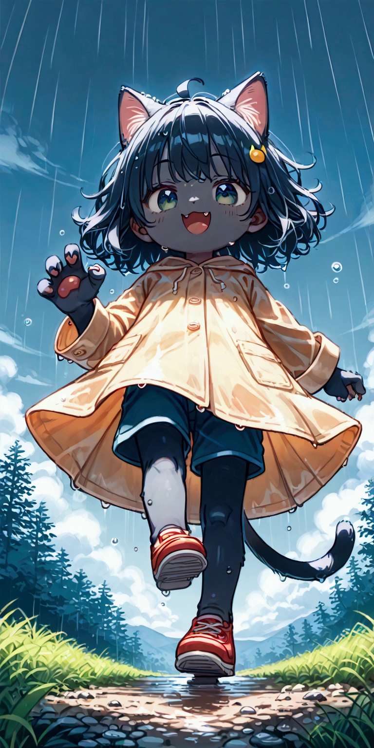 heavy storm,wind,(heavy rain:1.3), (big raindrops:1.4), (rainy sky),(many Circular ripples:1.3) of rain. 1girl/((catgirl:1.3),(furry:1.2),kemono,(chibi:1.2),cat ear,cat eye,cute, kawaii,hair floating, hair shining brightly, curly hair, short hair, messy hair, eye color cosmic, big eyes, (dynamic angle:1.4),(from below:1.4), long shot,short pants,(Walking:1.5) dynamically, (steps:1.3), skipping, (walk heavy steps:1.4),(big smile:1.3),open mouth,fangs,wet hair, wet, cute raincoat,happy,dynamic,in distance,full body,floating\). BREAK .background\(heavy rain, dark sky, beautiful waterdrops, long shot\),(from below:1.7),(ground level shot:1.7),(from directly below:1.7). score_9, score_8_up, score_7_up, score_6_up, score_5_up, score_4_up, source_anime,source_furry,rating_safe,rating_questionable,masterpiece, best quality, perfect anatomy , very aesthetic , absurdres,,realistic rain, high speed shutter, (fisheye lens), (focus on waterdrops), (landscape of sky:1.5), (dynamic angle:1.3),(long shot),(wide shot)