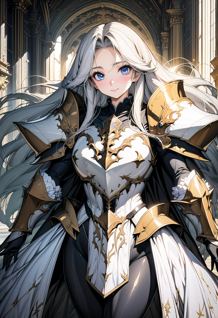 (solo),1girl,anime face,Azur Lane style,cowboy shot,A beautiful face with perfect makeup,Curvy body,stifled laugh,((Luxurious and majestic royal knight armor high leg leotard)),((matte black high leg body suit)),((large golden shoulder armor)),(breastplate:1.3),(thigh-high boots),((matte black pantyhose)),((gray hair long straight hair:1.2)),(layered ruffle long cloak),gauntlet, vambrace,He has a spear in his hand,cross-shaped spear,fitted bodice,puffed sleeves,big hair ribbon,Long middle parted voluminous bangs,Huge voluminous saggy breasts,white dress elbow gloves,white thigh high boots,cleavage,beautiful blue eyes,perfectly accurate hand,perfect fingers,long glove,greeting,The Royal Palace's Great Hall,beautiful lighting,masterpiece,highest quality,8k,Ultra-detailed anime style,(cameltoe: 0.8),